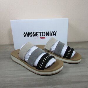 Minnetonka Women's 7 Three Band Slide Sandal - Black/Multi